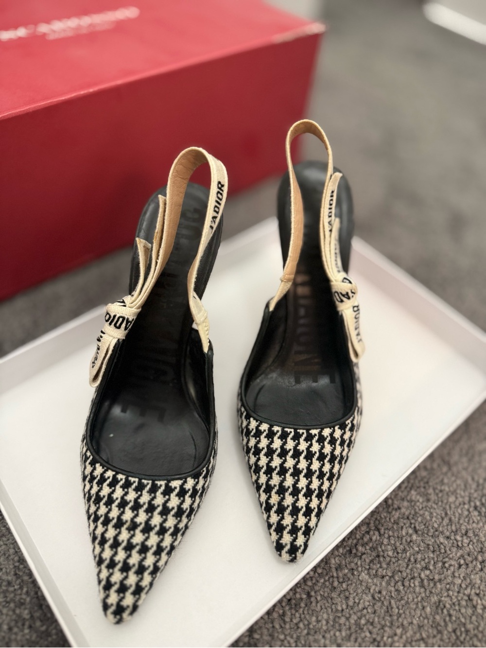Dior Black & White Houndstooth Pointed Slingback Heels with Beige J'Adior Ribbon